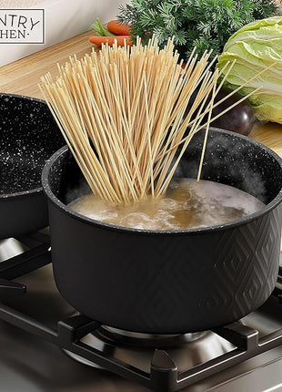 Country Kitchen Cookware Set with Removable Handle, Oven & RV Safe Pots and Pans Set, Black Rhombus, Original