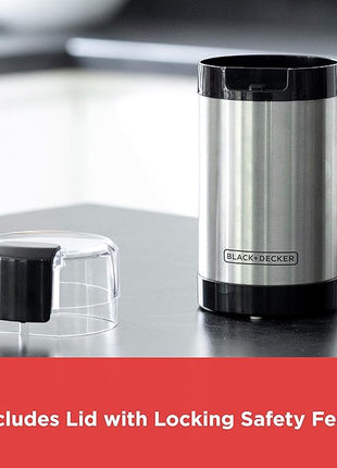 BLACK+DECKER One Touch Coffee Grinder, 2/3 Cup Coffee Bean Capacity, Spice Grinder, One Touch Push-Button Control -150 Watts- Stainless Steel Blades