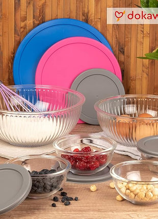 Set of 6 Stackable Space-Saving Nesting Glass Bowls with BPA Free Lids for Foodprep, Storage, Baking, Mixing & Cooking, Microwave Safe - Durable Inert Borosilicate Glass