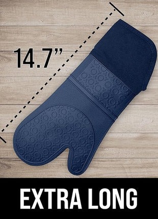 BPA-Free Soft Silicone Oven Mitts - Ultra Heat Resistant Oven Mitts with Thick Cotton Liner - Extra Long Slip Resistant Pot Holders, Flexible Oven Gloves - Navy 14.7"