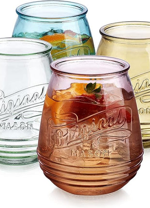 Wine Glasses Set Of 4 Assorted Colored Stemless Glasses 21 OZ. Original Mason Large Wine Cup, Red and White Wine Drinking Water Glasses. Juice, Cocktails, Smoothies, Vintage Bar