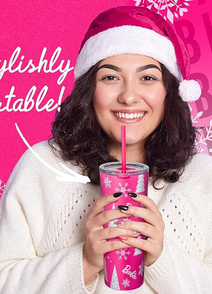 Dragon Glassware x Barbie Vacuum Insulated Stainless Steel Tumbler with Lid and Straw - Festive Holiday Travel Coffee Tumbler Cup to Keep Drinks Hot or Cold, Fits Cup Holders - Christmas Theme