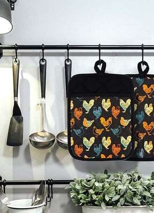 Pot Holders Set of 2 Heat Resistant 480 ℉Non Slip Clear Silicone Printed Comfortable Cotton Lining Kitchen Women Men Cooking Baking Microwave Machine Washable (Rooster, Black Potholders)
