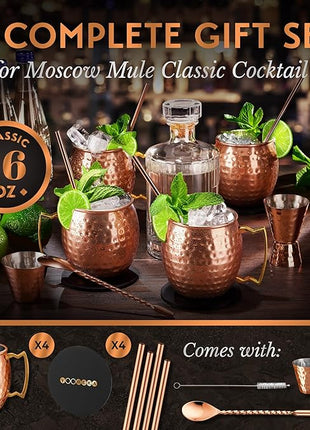 Gift Set Moscow Mule Mugs Set of 4 16 oz Copper Plated Stainless Steel 4 Straws 4 Coasters Jigger Shot Glass Stirring Spoon, Cleaning Brush