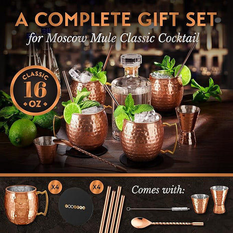 Gift Set Moscow Mule Mugs Set of 4 16 oz Copper Plated Stainless Steel 4 Straws 4 Coasters Jigger Shot Glass Stirring Spoon, Cleaning Brush