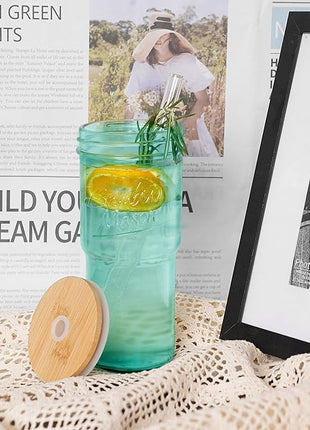 ANOTION Colored Glass Cups with Lids and Straws - 24oz Travel Coffee Mug Wide Mouth Mason Jar Iced Coffee Cup Smoothie Cup Glass Tumbler Tea Cup Clear Cute Water Cups Colorful Drinking Glasses