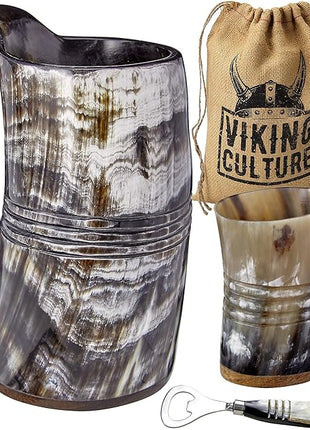 Viking Culture Ox Horn Mug, Shot Glass, and Bottle Opener (3 Pc. Set) Authentic 16-oz. Ale, Mead, and Beer Tankard | Vintage Stein with Handle | Custom Intricate Design - Polished Finish | The Ring