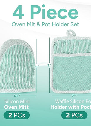Casa Platino Heat Resistant Oven Mitts & Pot Holders, 4-Piece – Oven Mitt for Baking & BBQ, Potholders for Kitchens – Withstands Heat Up to 500°F, Soft, Durable & Non-Slip – Sage
