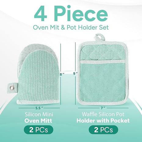 Casa Platino Heat Resistant Oven Mitts & Pot Holders, 4-Piece – Oven Mitt for Baking & BBQ, Potholders for Kitchens – Withstands Heat Up to 500°F, Soft, Durable & Non-Slip – Sage