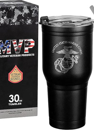 Military Gift Shop USMC 30 oz Coffee Travel Mug | Double Wall Vacuum Insulated Coffee Tumbler | Stainless Steel Coffee Mug With Lid & Straw USMC 30oz Tumbler