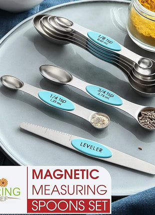 Spring Chef Stainless Steel Magnetic Measuring Spoons Set of 8 with Leveler, Metal Teaspoon & Tablespoon Measuring Spoons with Strong Magnets, Kitchen Gadgets for Baking & Cooking - 2 Pack - Aqua Sky