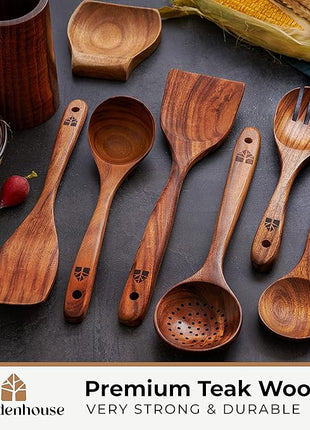 Wooden Utensil Set 8 Pcs – Sturdy & Easy to Clean, Natural Teak Wooden Spoons for Cooking – Non-Scratch Cooking Utensils with Spatula, Turner, Ladle, Spoons, Holder, Spoon Rest, 6 Hooks Kitchen Gifts