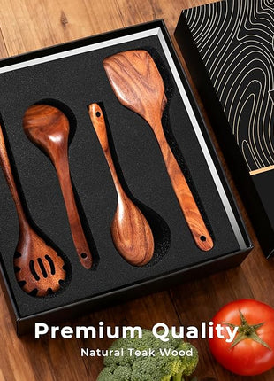 10-Piece Wooden Spoons for Cooking - Natural Teak Cooking Utensils with Premium Gift Box - Kitchen Gift Set -Soft Comfort-Grip Wood Spoons for Cooking