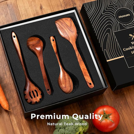 10-Piece Wooden Spoons for Cooking - Natural Teak Cooking Utensils with Premium Gift Box - Kitchen Gift Set -Soft Comfort-Grip Wood Spoons for Cooking