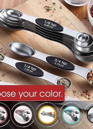 Spring Chef Stainless Steel Magnetic Measuring Spoons Set with Strong N45 Magnets, Heavy Duty Metal Kitchen Gadgets for Baking & Cooking, Fits in Most Kitchen Spice Jars, Set of 8 with Leveler, Black