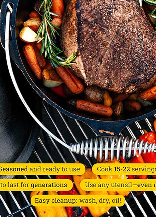 Lodge 9 Quart Pre-Seasoned Cast Iron Dutch Oven with Lid - Wire Bail Handle for Easy Transfer from Cooking Surface to Table - Use in the Oven, on the Stove, on the Grill or over the Campfire - Black