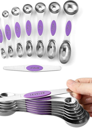Spring Chef Magnetic Measuring Spoons Set, Dual Sided, Stainless Steel, Fits in Spice Jars, Orchid, Set of 8, 2 Pack
