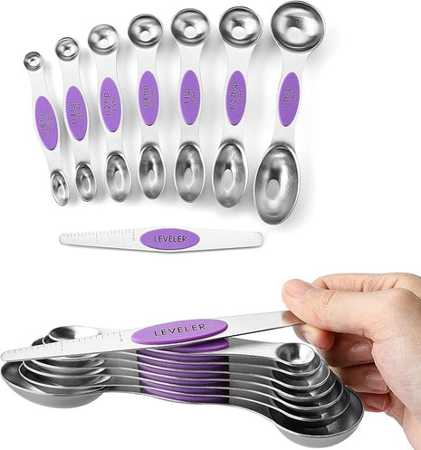 Spring Chef Magnetic Measuring Spoons Set, Dual Sided, Stainless Steel, Fits in Spice Jars, Orchid, Set of 8, 2 Pack