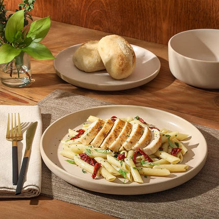 Gibson Elite Pasco 12 Piece (Service for 4) Plates and Bowls Reactive Glaze Dishes Stoneware Ceramic Dinnerware Set - Taupe