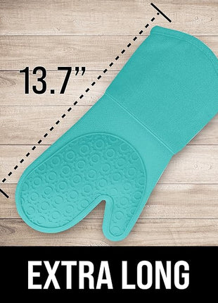 BPA-Free Soft Silicone Oven Mitts - Ultra Heat Resistant Oven Mitts with Thick Cotton Liner - Long Slip Resistant Pot Holders, Flexible Oven Gloves - Turquoise 13.7"