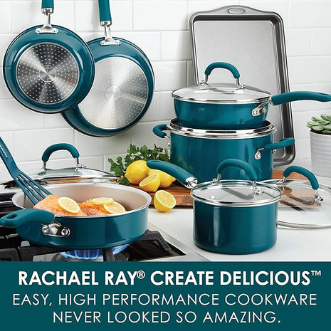 Rachael Ray Create Delicious Nonstick Cookware Pots and Pans Set, 13 Piece, Teal Shimmer