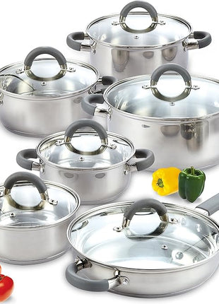 Cook N Home Kitchen Cookware Set, 12-Piece Basics Stainless Steel Pots and Pans Set with Grey Silicone Handle, Silver