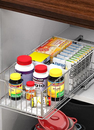 Simple Houseware Pull-Out Cabinet Sliding Basket Organizer, 17.2" D x 9.7" W x 5" H – Chrome Finished, Ideal for Kitchen and Bathroom Cabinet Storage, Under Sink or Pantry Organization