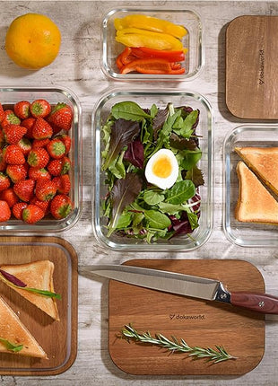Glass Tupperware Set with Acacia Lids - 4 Stackable Meal Prep Containers. Durable heat resistant Inert Borosilicate Glass
