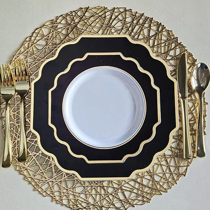 " OCCASIONS " 50 Plates Pack (25 Guests)-Heavyweight Wedding Party Disposable Plastic Plate Set -(25x10.5'' Dinner + 25x8'' Salad/dessert (Imperial in Black & Gold)