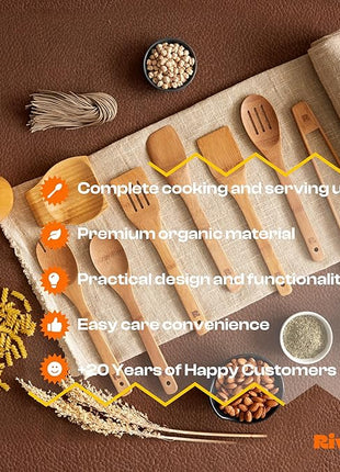 Riveira Dark Bamboo Wooden Spoons for Cooking 9-Piece with Holder, Apartment Essentials Wood Spatula Spoon Nonstick Kitchen Utensil Set Premium Quality Housewarming Gifts for Everyday Use