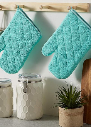 DII Basic Terry Collection 100% Cotton Quilted, Oven Mitt, Aqua, 2 Piece
