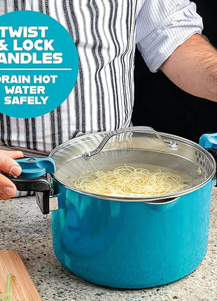 Gotham Steel 5 Quart Stock Pot Ceramic Multipurpose Pasta Pot with Strainer Lid & Twist and Lock Handles, Tempered Glass Lid, Dishwasher Safe, Aqua Blue