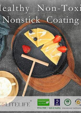 ESLITE LIFE Nonstick Crepe Pan Set with Spreader, 9.5 & 11 Inch Granite Coating Flat Skillet Dosa Tawa Comales Para Tortillas Pancake Pan, PTFE & PFOA Free, Black