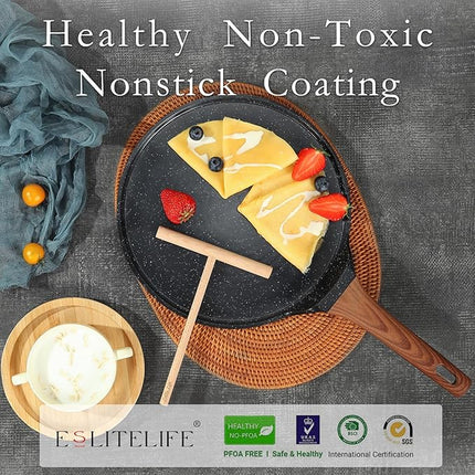 ESLITE LIFE 9.5 Inch Crepe Pan with Spreader, Nonstick Ceramic Flat Skillet Dosa Tawa Comales Para Tortillas Pancake Pan, PTFE & PFOA Free, Black