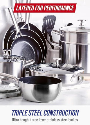 Blue Diamond 15 Piece Stainless Steel Tri-Ply Cookware Pots and Pans Set, Induction Compatible, Diamond Infused PFAS-Free Ceramic Nonstick, Dishwasher & Metal Utensil Safe, Scratch Resistant, Silver