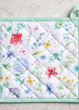 Maison d' Hermine 100% Cotton Oven Mitt & Pot Holder Set (7.5"x13" & 8"x8") Heat Resistant BBQ Cooking Gloves with Loop, Baking, Grilling, Kitchen, Handling Hot Pans Spring/Summer (Just Floral)