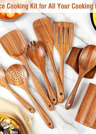 9pc Teak Wooden Utensils - Natural Teak Cooking Utensils with Premium Gift Box - Kitchen Gift Set