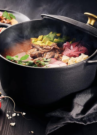 Tramontina Bestow Enameled Cast Iron Dutch Oven Pot with Lid, Round 5.5-quart, Matte Black with Gold Knob