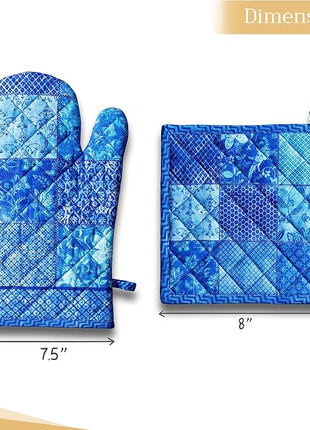 Maison d' Hermine 100% Cotton Oven Mitt & Pot Holder Set (7.5"x13" & 8"x8") Heat Resistant BBQ Cooking Gloves with Loop, Baking, Grilling, Kitchen, Handling Hot Pans Spring/Summer (Indigo Love)