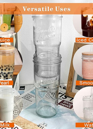 ANOTION Glass Cups with Lids and Straws 4 Packs, 24oz Travel Coffee Mug Bamboo Mason Jar Valentines Party Drinking Jars Glasses Cute Clear Glass Tumbler for Iced Coffee, Smoothie, Tea, Water