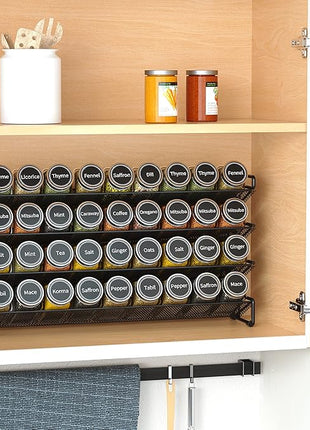 SpaceAid Spice Rack Organizer with 36 Spice Jars, 386 Spice Labels, Chalk Marker and Funnel Set for Cabinet, Countertop, Pantry, Cupboard or Door & Wall Mount - 36 Jars, 17.2" W × 10.8" H, Black