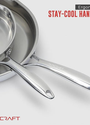 AVACRAFT 18/10 8 Inch Stainless Steel Frying Pan with Lid, Side Spouts, Induction Pan, Versatile Stainless Steel Skillet, Fry Pan in our Pots and Pans (Stainless Steel, 8 Inch)