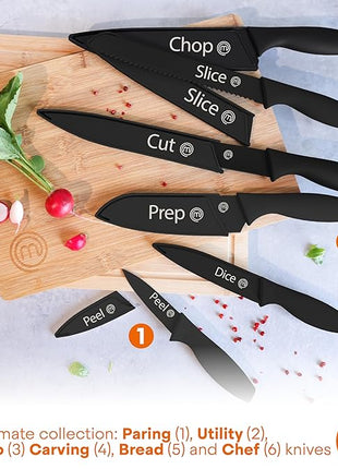MasterChef Kitchen Knife Set with Covers, 6 Professional Chef Knives for Home Kitchens, Extra Sharp Cutting Stainless Steel Blades & Protective Sheaths, Soft-Touch Easy-Grip Handles, Essential Black
