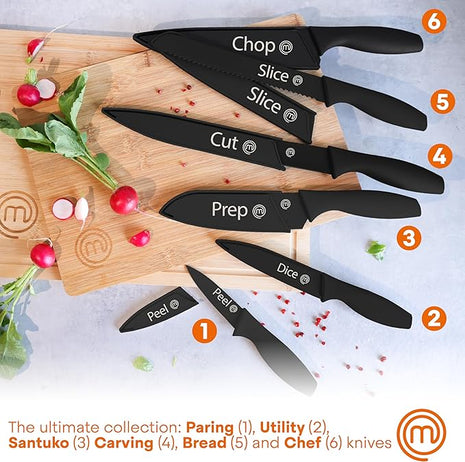 MasterChef Kitchen Knife Set with Covers, 6 Professional Chef Knives for Home Kitchens, Extra Sharp Cutting Stainless Steel Blades & Protective Sheaths, Soft-Touch Easy-Grip Handles, Essential Black