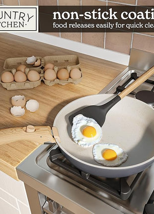 Country Kitchen Cookware Set with Removable Handle, Oven & RV Safe Pots and Pans Set, Grey/Ivory Wood Handle, Original