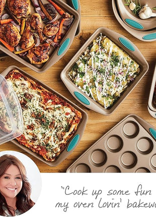 Rachael Ray 47578 Cucina Nonstick Bakeware Set with Grips Includes Nonstick Bread Pan, Baking Sheet, Cookie Sheet, Baking Pans, Cake Pan and Muffin Pan - 10 Piece, Latte Brown with Agave Blue Grips