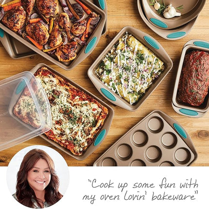 Rachael Ray 47578 Cucina Nonstick Bakeware Set with Grips Includes Nonstick Bread Pan, Baking Sheet, Cookie Sheet, Baking Pans, Cake Pan and Muffin Pan - 10 Piece, Latte Brown with Agave Blue Grips