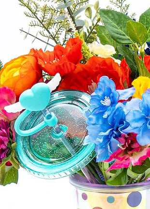 bzyoo 24 oz SIP Tumbler with Heart-Shaped w/Wing Straw Cap Cover– Cute DotDot Design Iridescent Tumbler, BPA-Free Cup with Lid and Straw, Perfect for Iced Coffee, Tea, Party and Gift