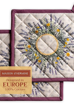 Maison d' Hermine Pot Holders Set 100% Cotton Heat Resistant Potholders 8" x 8" Hot Pads with Loop BBQ, Cooking, Baking, Grilling, Kitchen, Handling Hot Pans Spring/Summer (Pack of 2, Fanny Lavender)
