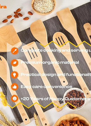 Riveira Maple Wooden Cooking Utensils Set of 9 Premium Quality Non-Toxic Wooden Spoons & Spatulas for Cooking, Stirring, Serving & Flipping